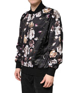 Black Floral Polyester Full Zip Bomber Jacket