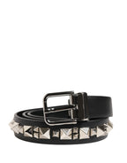Black Leather Studded Silver Tone Buckle Belt