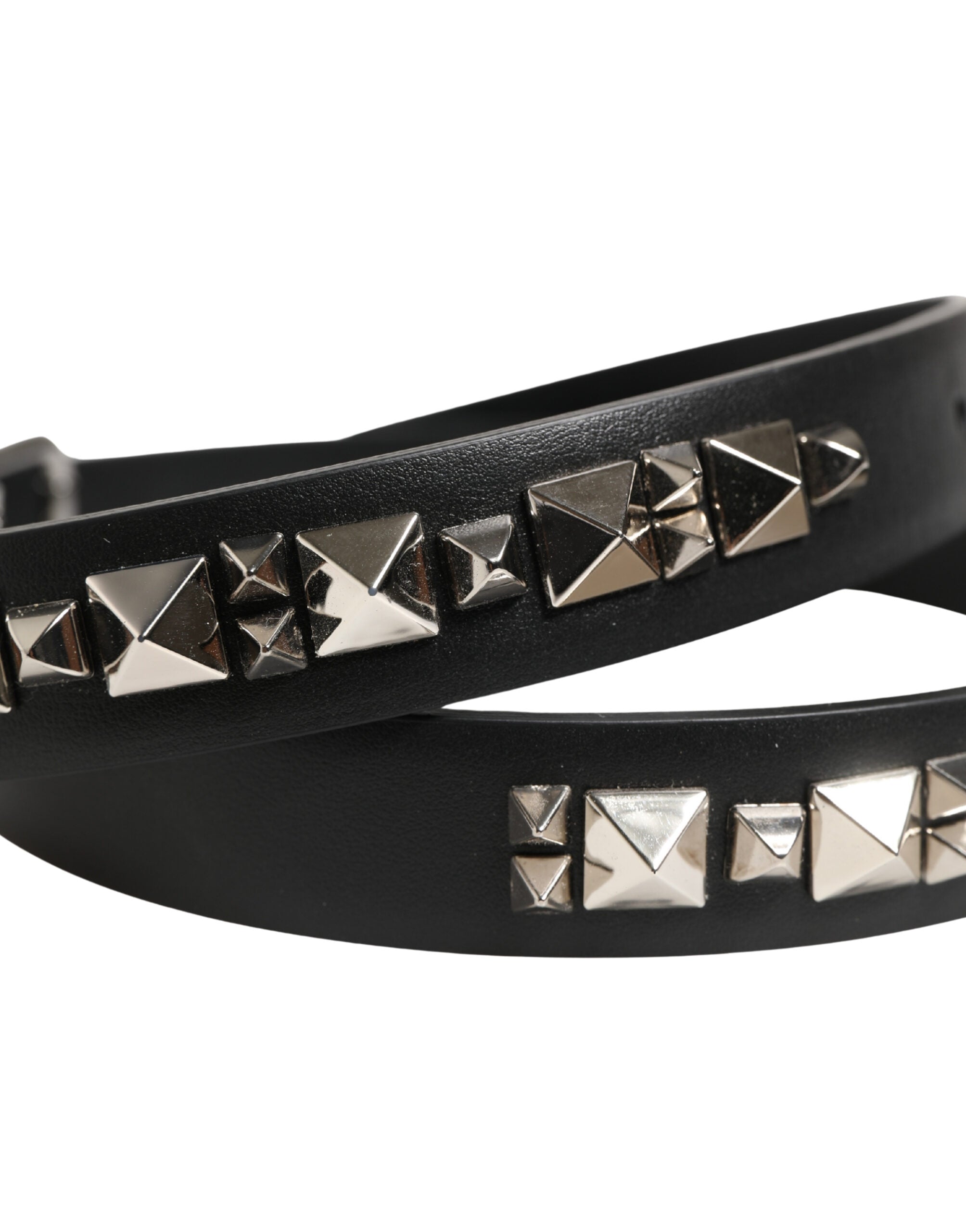 Black Leather Studded Silver Tone Buckle Belt