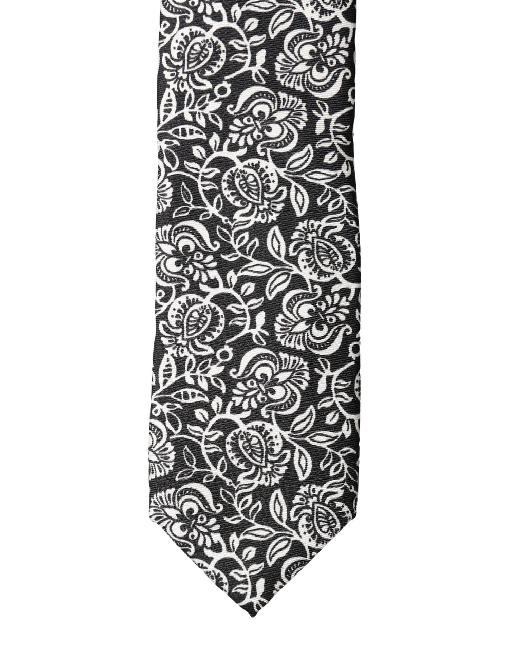Black White Floral Fantasy Silk Adjustable Necktie Tie