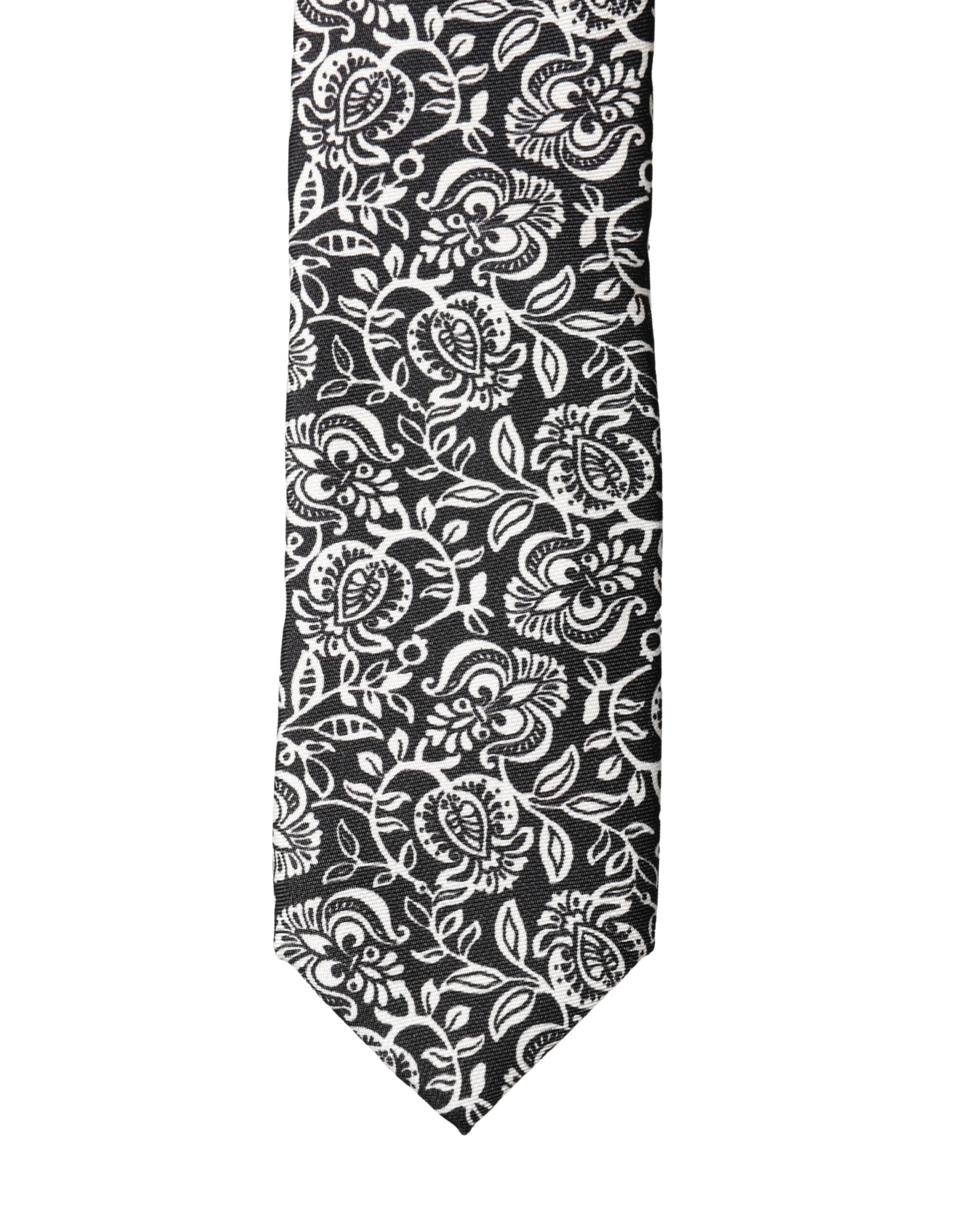 Black White Floral Fantasy Silk Adjustable Necktie Tie