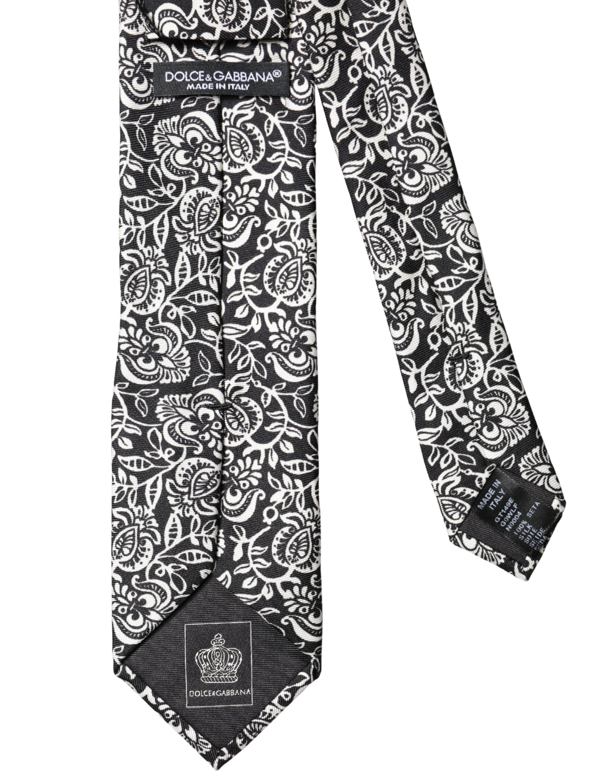 Black White Floral Fantasy Silk Adjustable Necktie Tie
