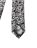 Black White Floral Fantasy Silk Adjustable Necktie Tie