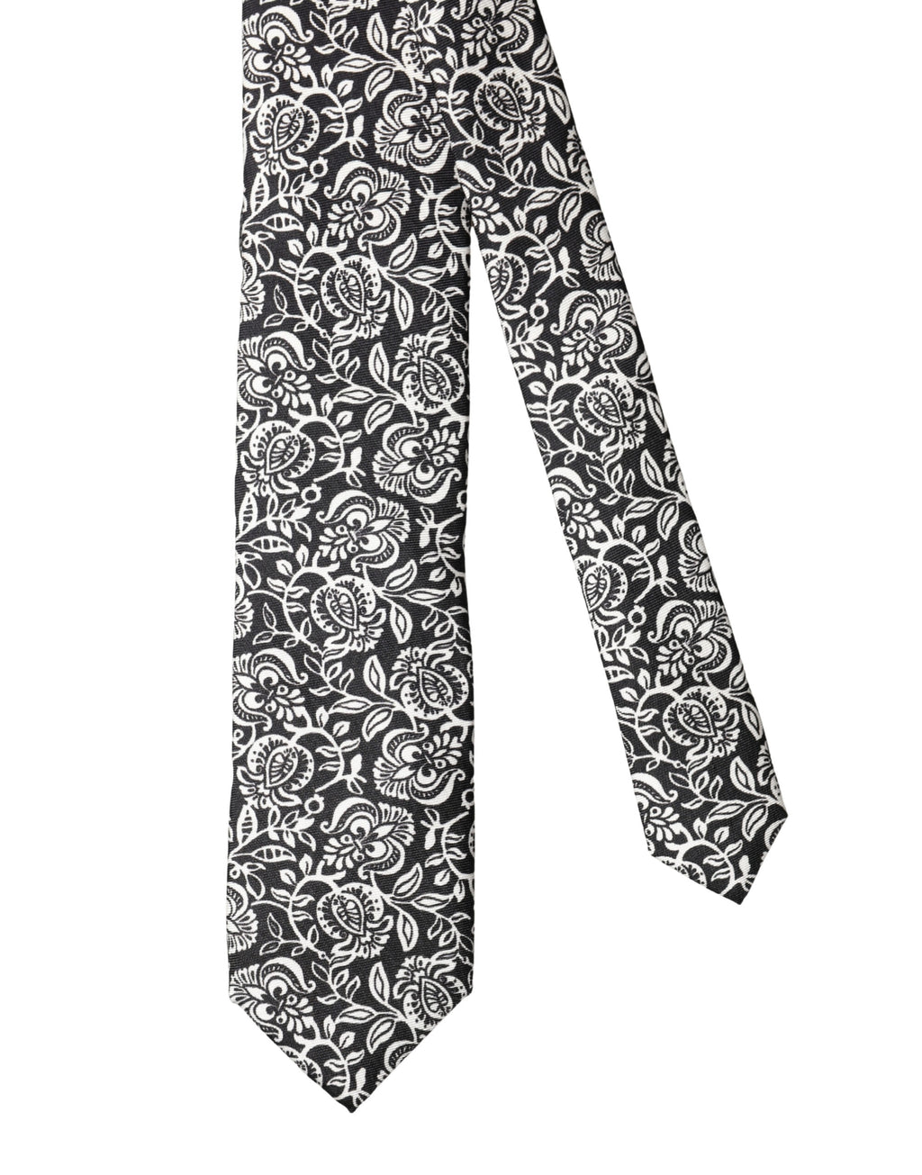 Black White Floral Fantasy Silk Adjustable Necktie Tie