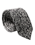 Black White Floral Fantasy Silk Adjustable Necktie Tie
