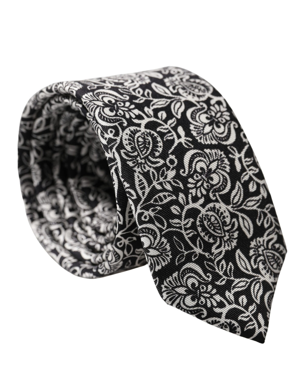Black White Floral Fantasy Silk Adjustable Necktie Tie