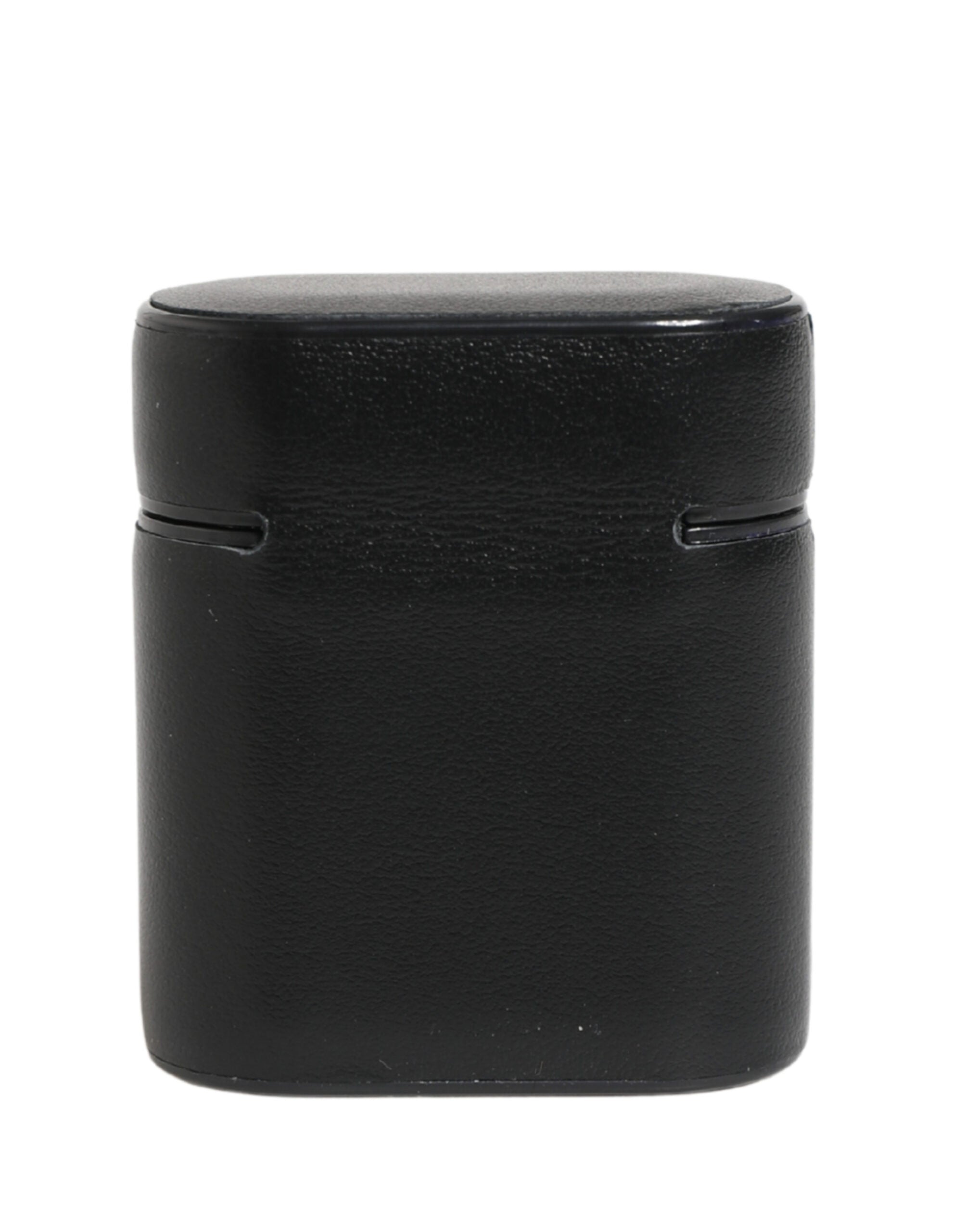 Black Calf Leather Logo Print Flip Holder Airpods Case