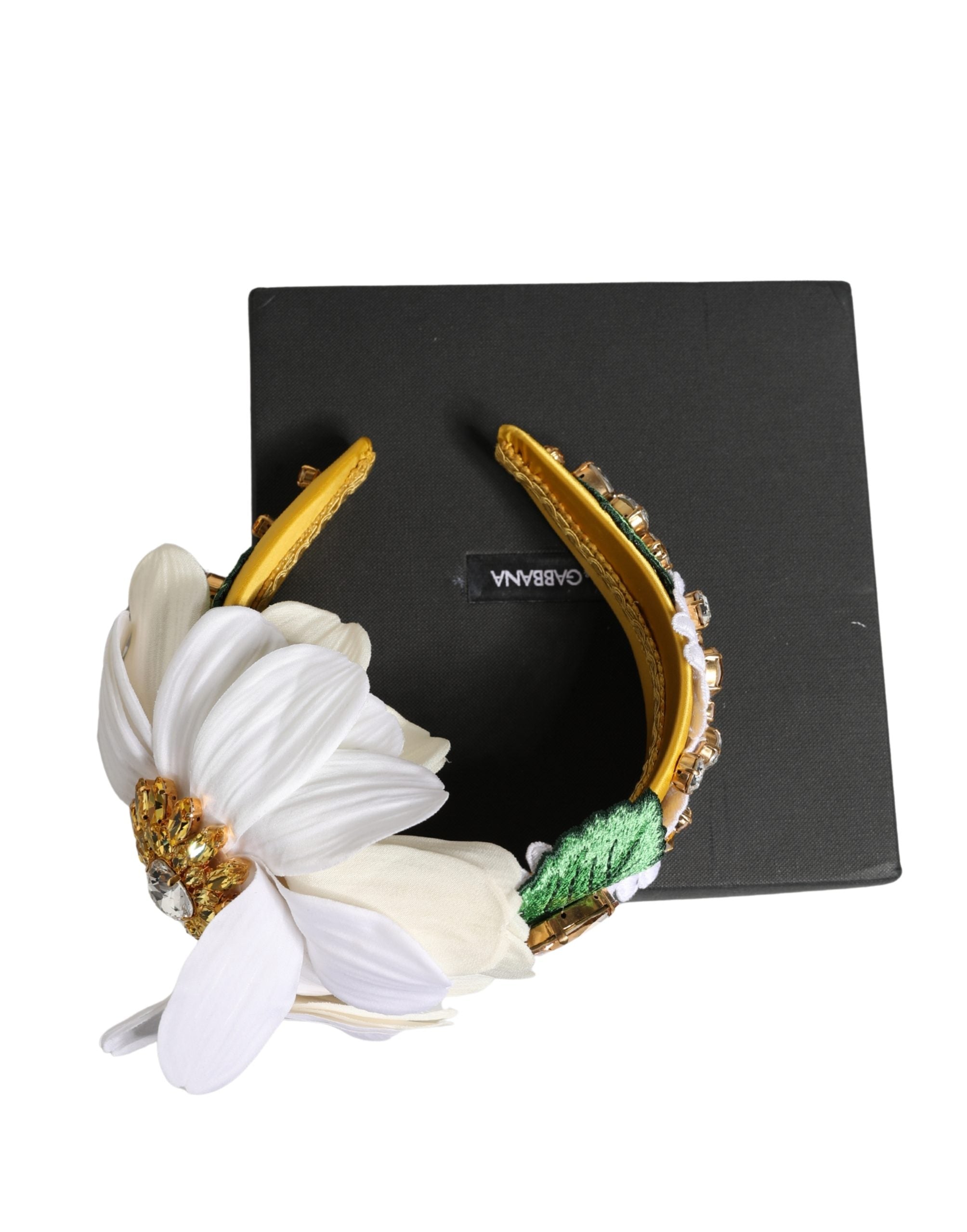 White Yellow Silk Blend Floral Crystals Diadem Headband