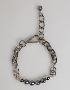 Silver Tone Chain Lobster Clasp Logo Gray Pearls Bracelet