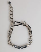 Silver Tone Chain Lobster Clasp Logo Gray Pearls Bracelet
