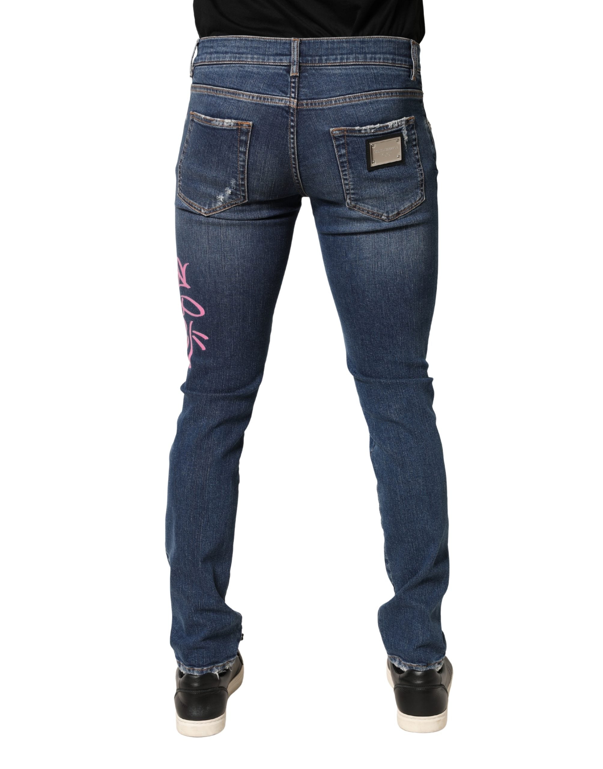 Blue Distressed Graffiti Print Skinny Jeans
