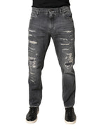 Dark Gray Tattered Cotton Loose Denim Jeans