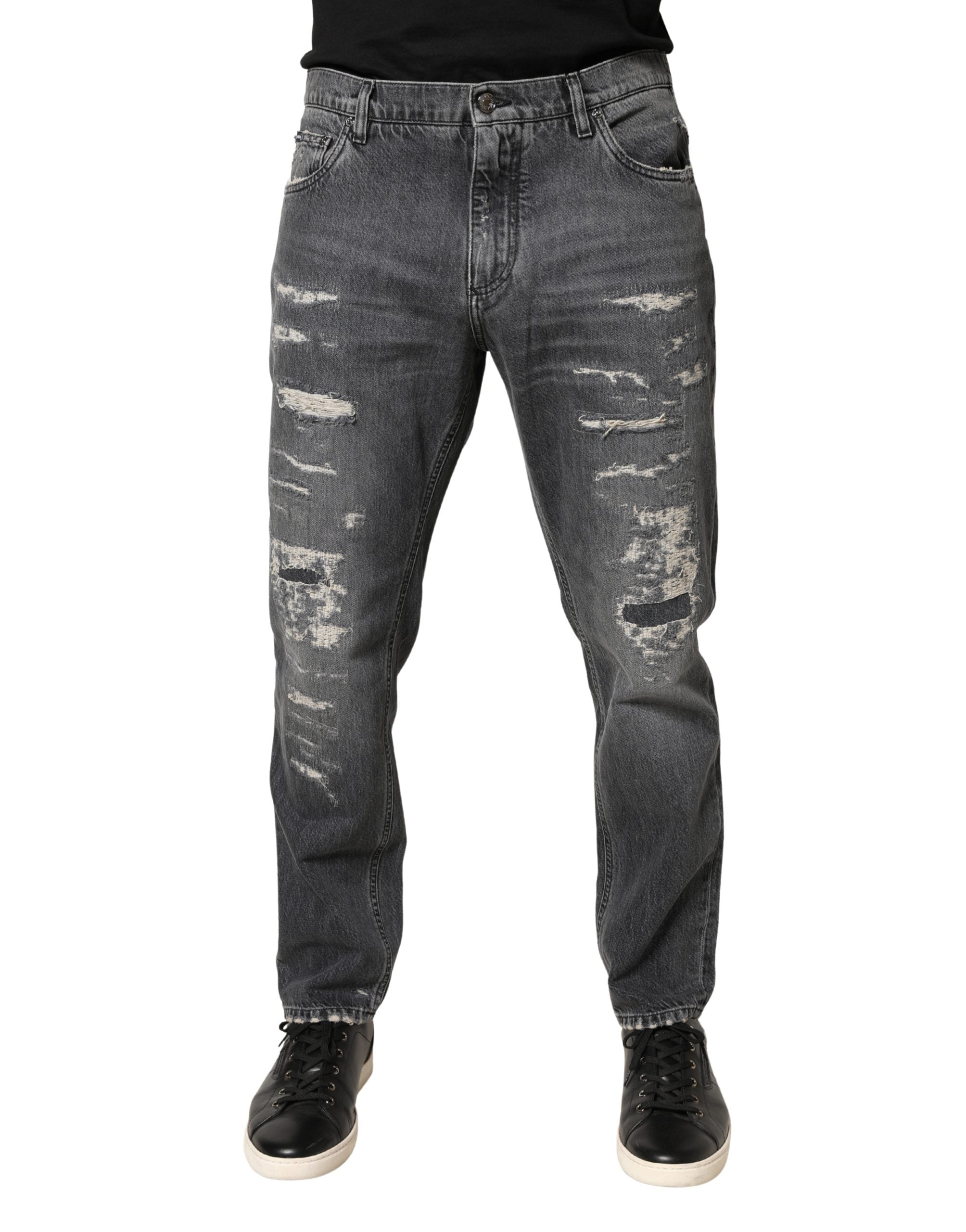 Dark Gray Tattered Cotton Loose Denim Jeans