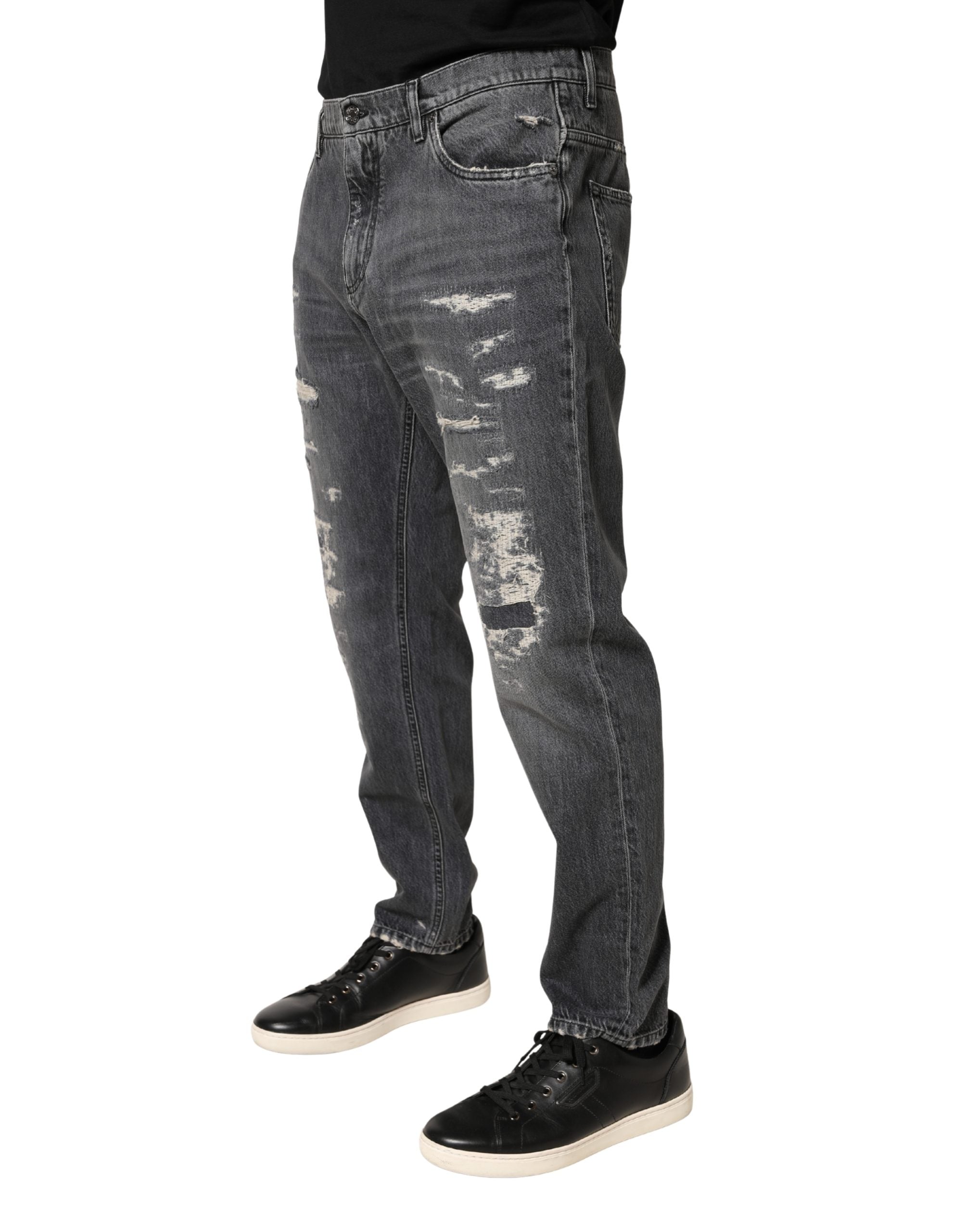 Dark Gray Tattered Cotton Loose Denim Jeans