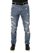 Blue Tattered Slim Fit Cotton Denim Jeans