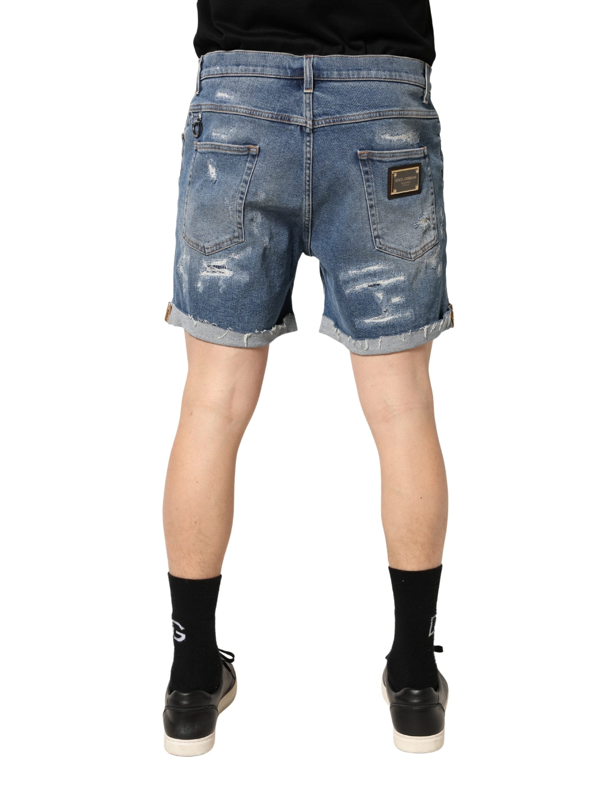 Blue Cotton Distressed Denim Bermuda Shorts