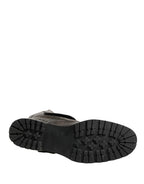 Metallic Silver Combat Biker Mid Calf Boots Shoes