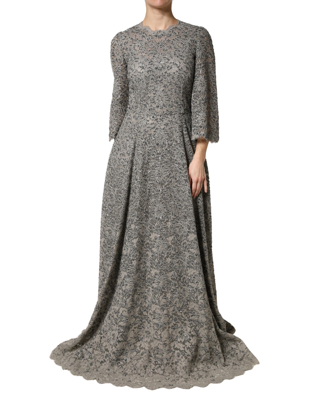 Gray Lace Long Sleeves Cotton Maxi Dress