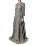 Gray Lace Long Sleeves Cotton Maxi Dress