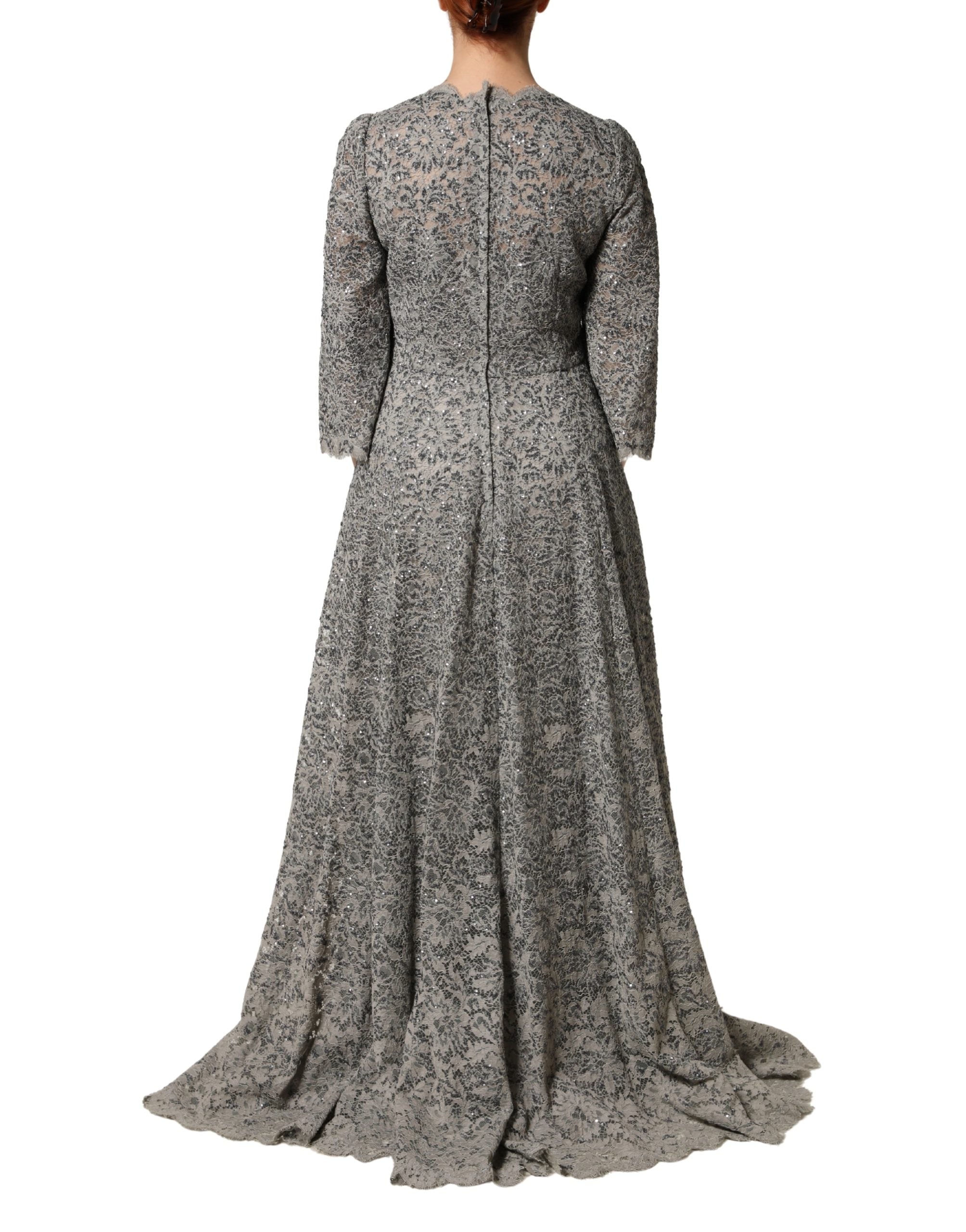 Gray Lace Long Sleeves Cotton Maxi Dress