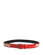 Men Beige Red Woven Leather Metal Buckle Belt