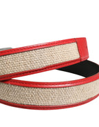 Men Beige Red Woven Leather Metal Buckle Belt