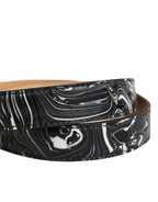 Men Black Marble Leather Metal Buckle Belt