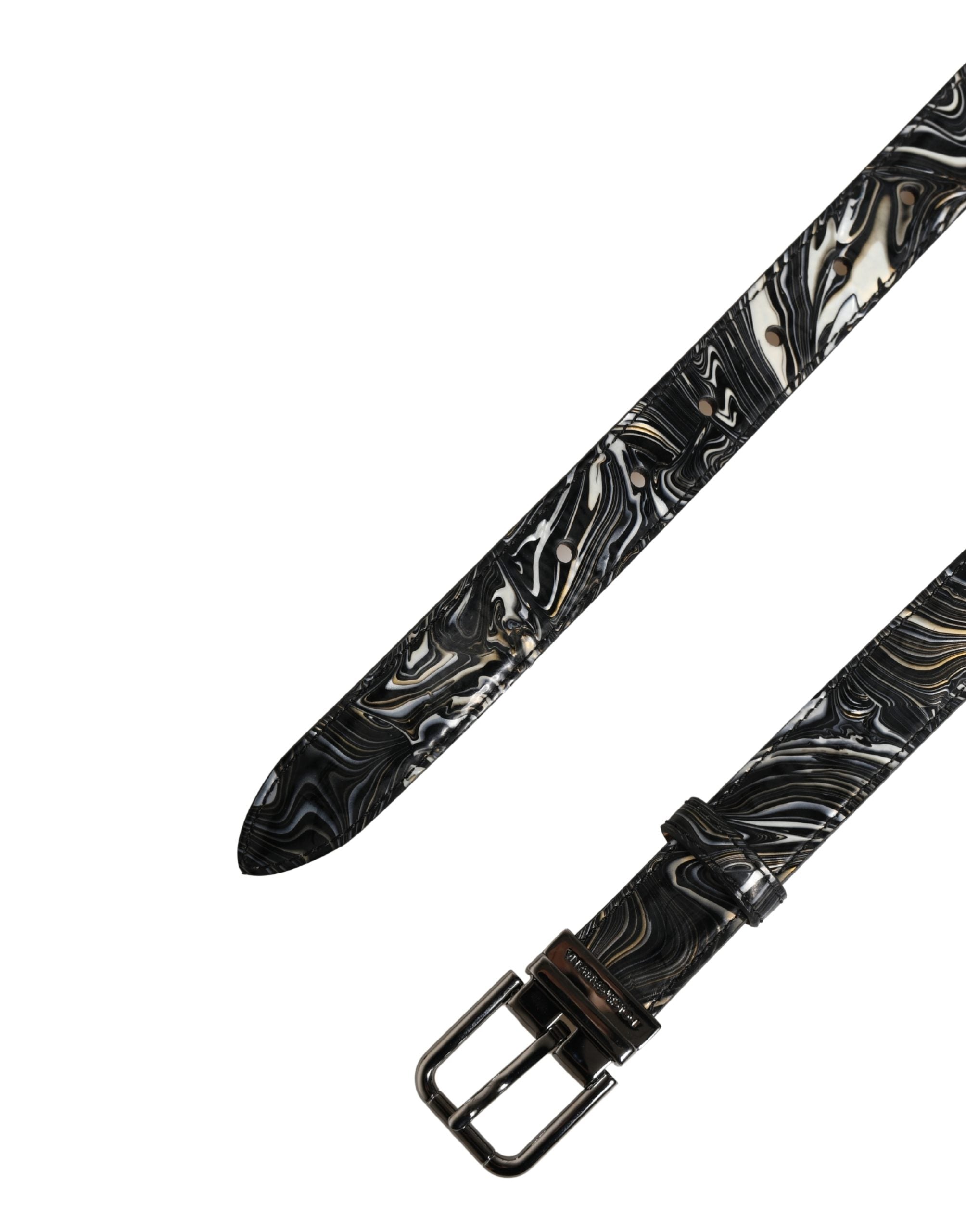 Men Black Marble Leather Metal Buckle Belt