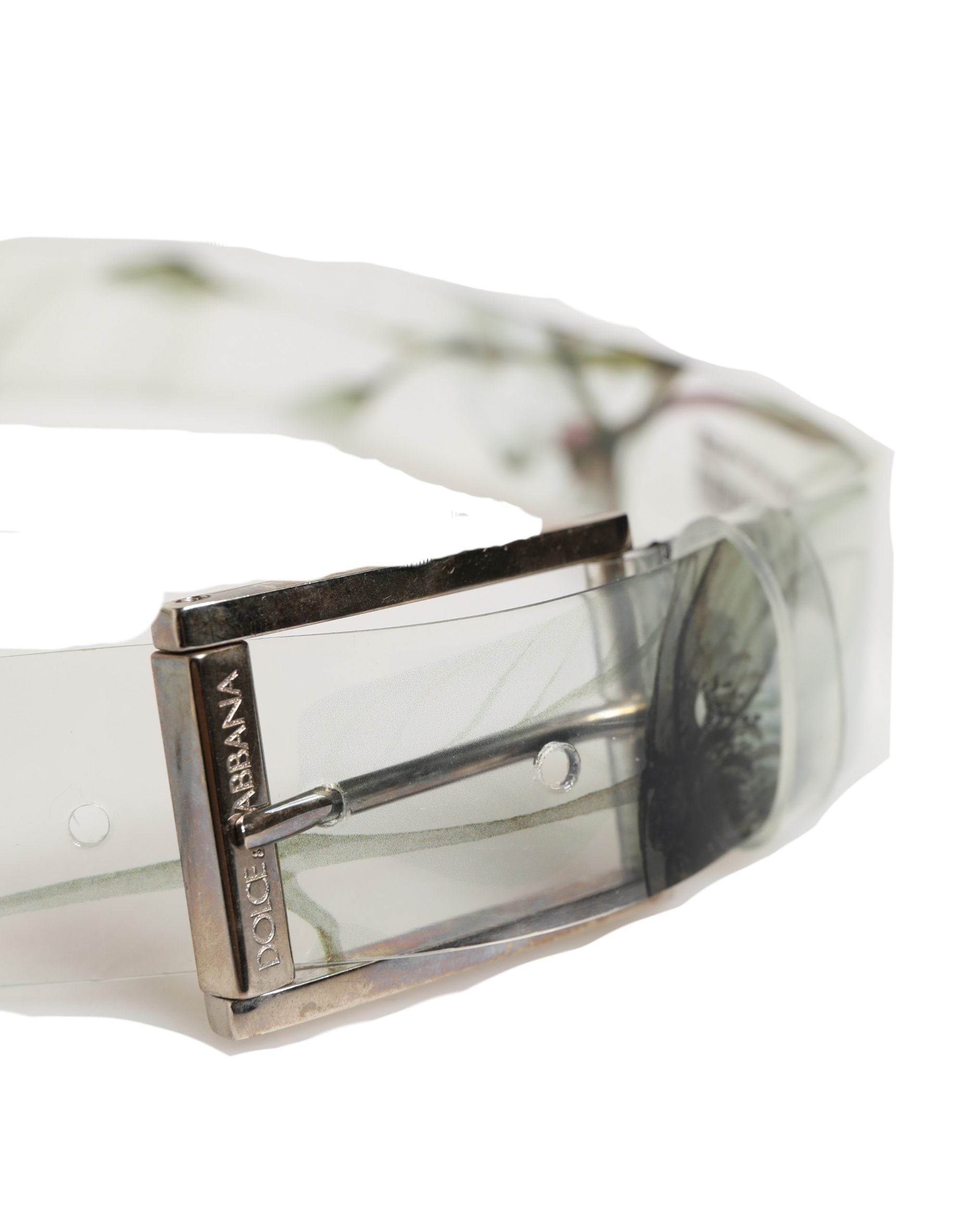 Men White Floral PVC Silver Metal Buckle Belt