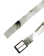 Men White Floral PVC Silver Metal Buckle Belt