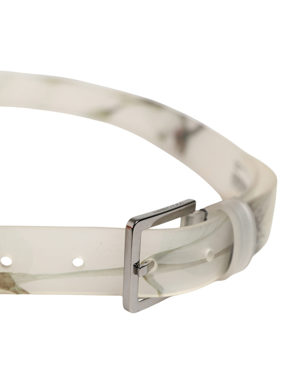 Men White Floral PVC Silver Metal Buckle Belt