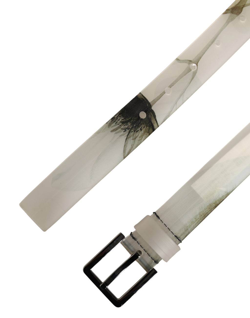 Men White Floral PVC Silver Metal Buckle Belt