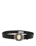 Black Calf Leather Ornate Metal Buckle Belt