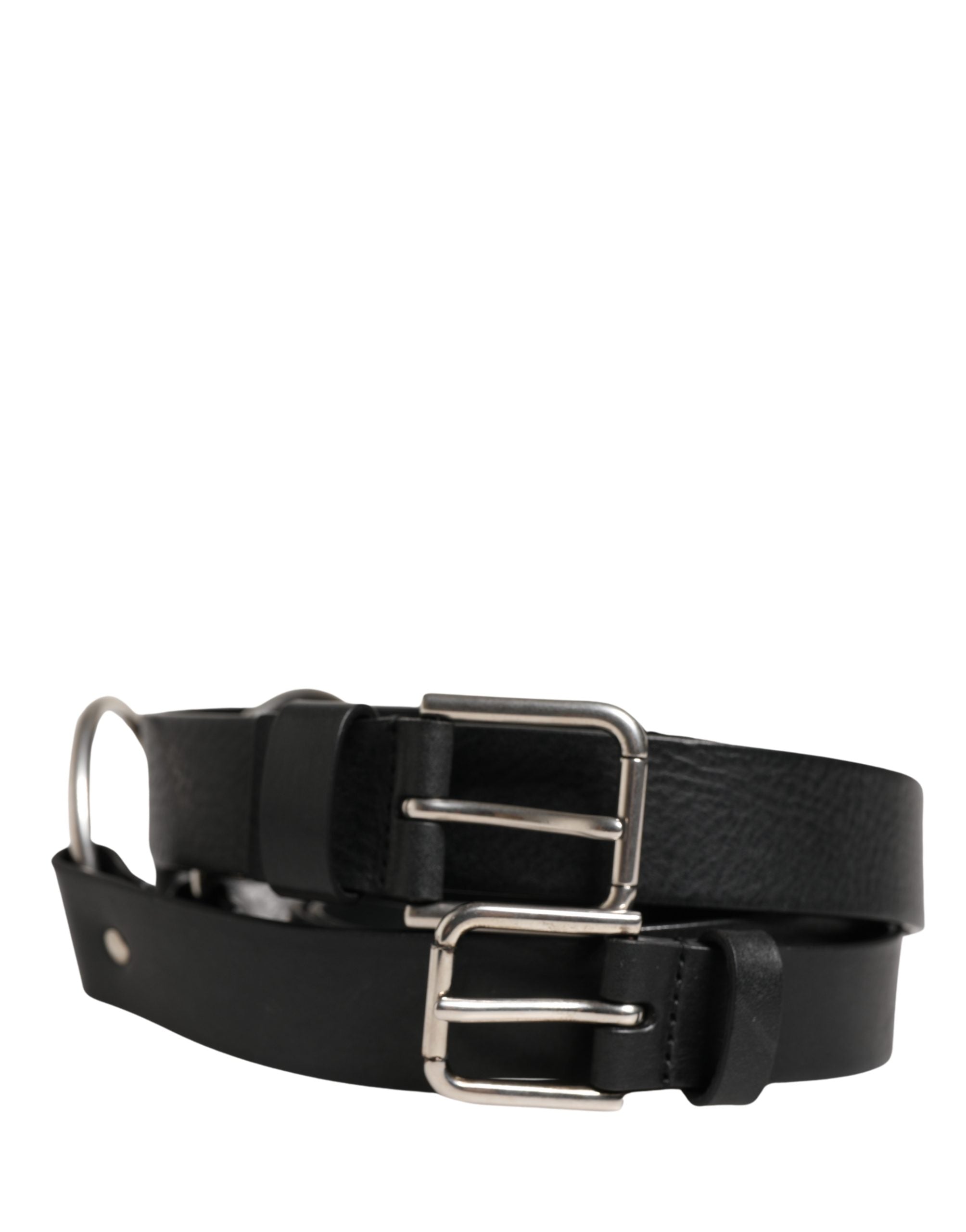 Black Double Strap Leather Silver Buckle Belt