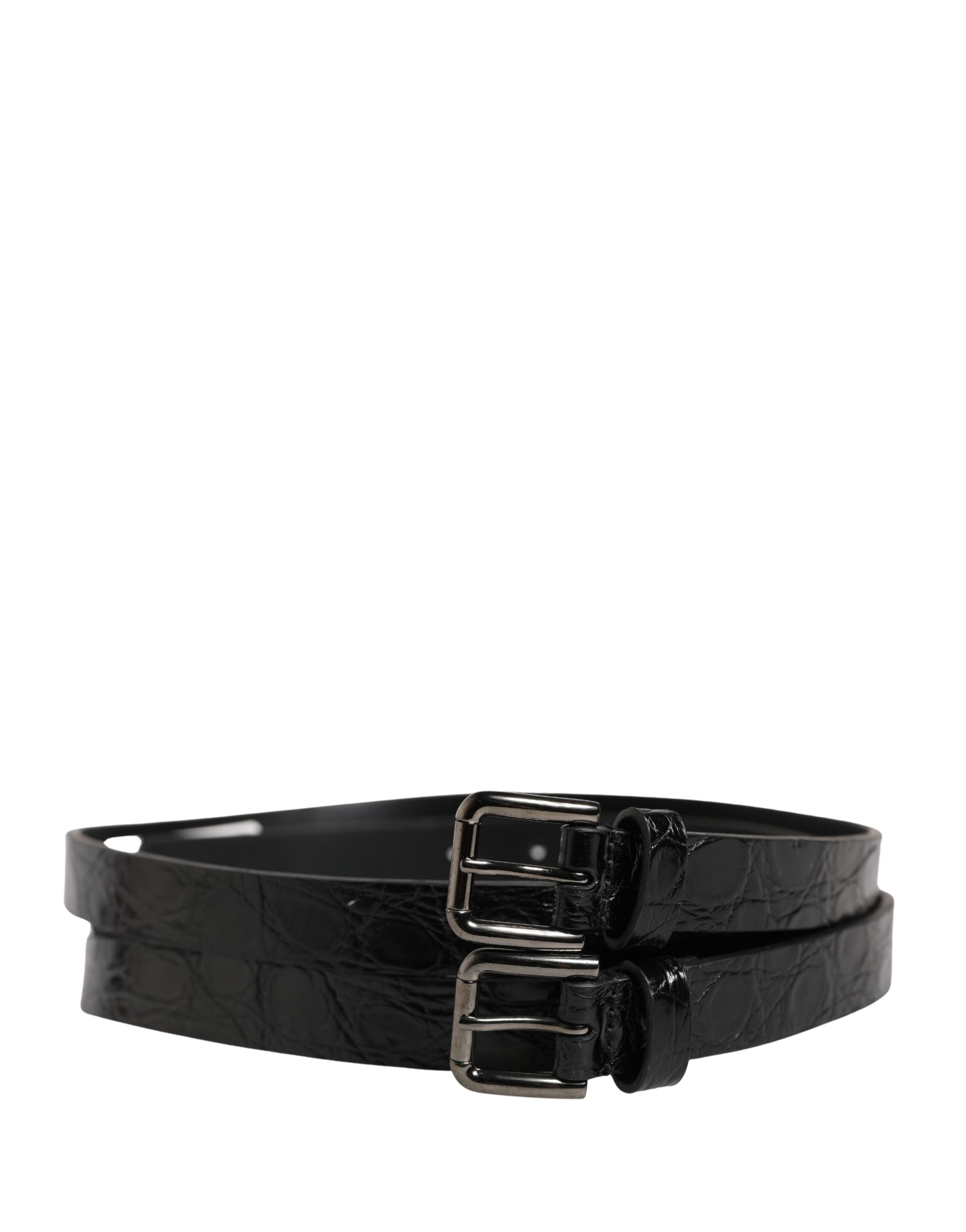 Black Double Strap Leather Silver Buckle Belt