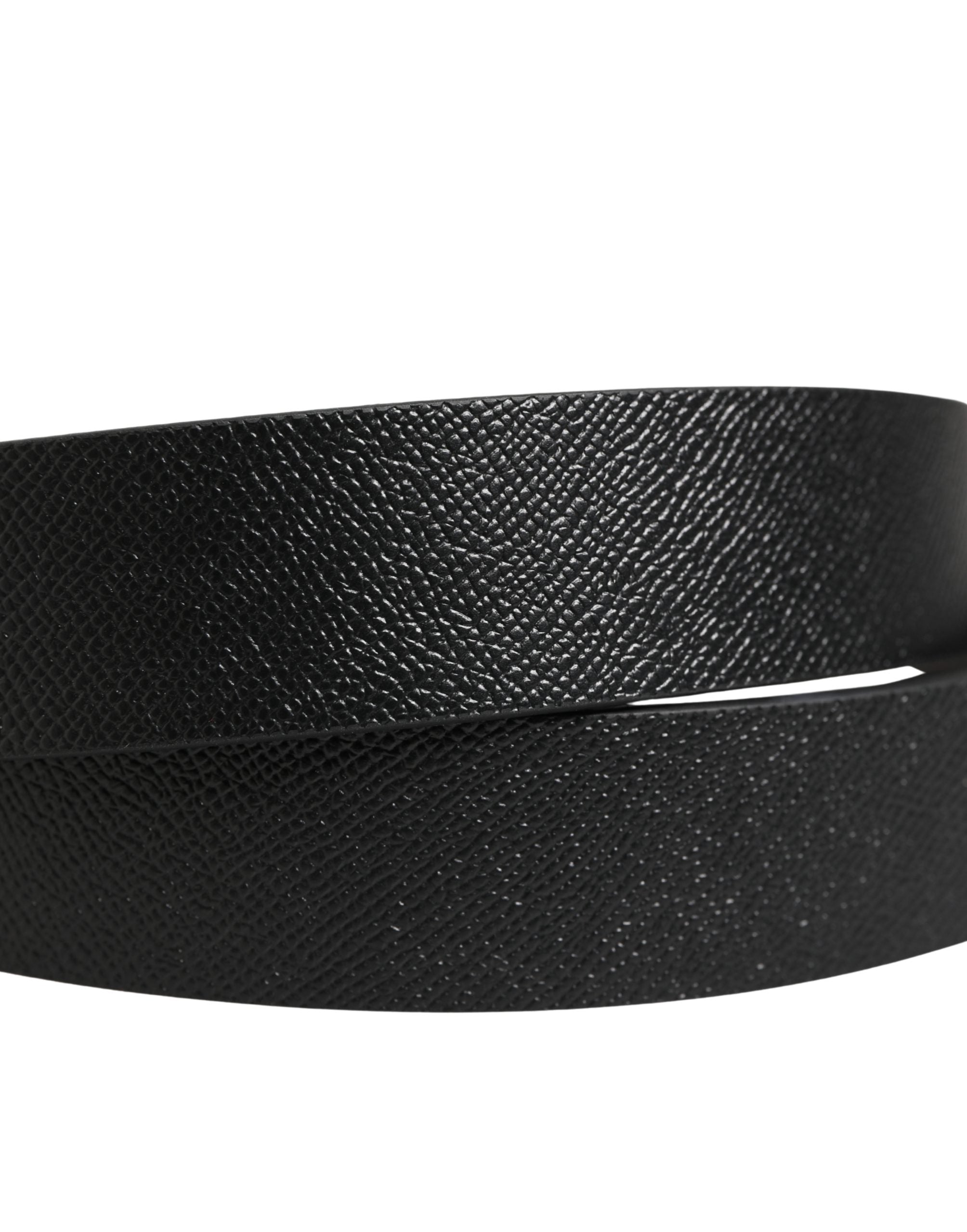 Black Classic Leather Logo Metal Buckle Belt