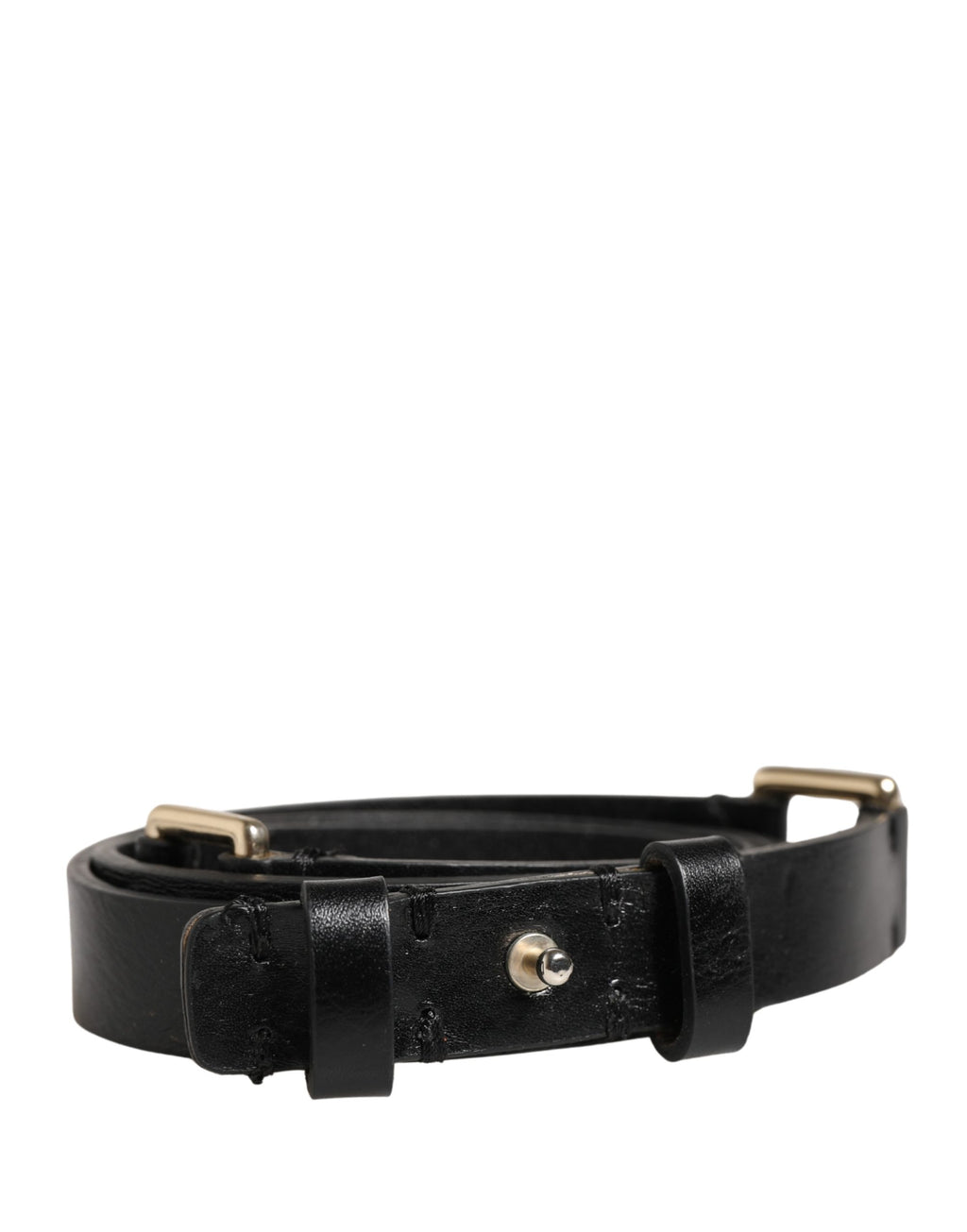 Black Leather Thin Gold Metal Brass Buckle Waist Belt
