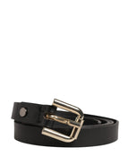 Black Leather Slim Gold Tone Buckle Waist Men Belt
