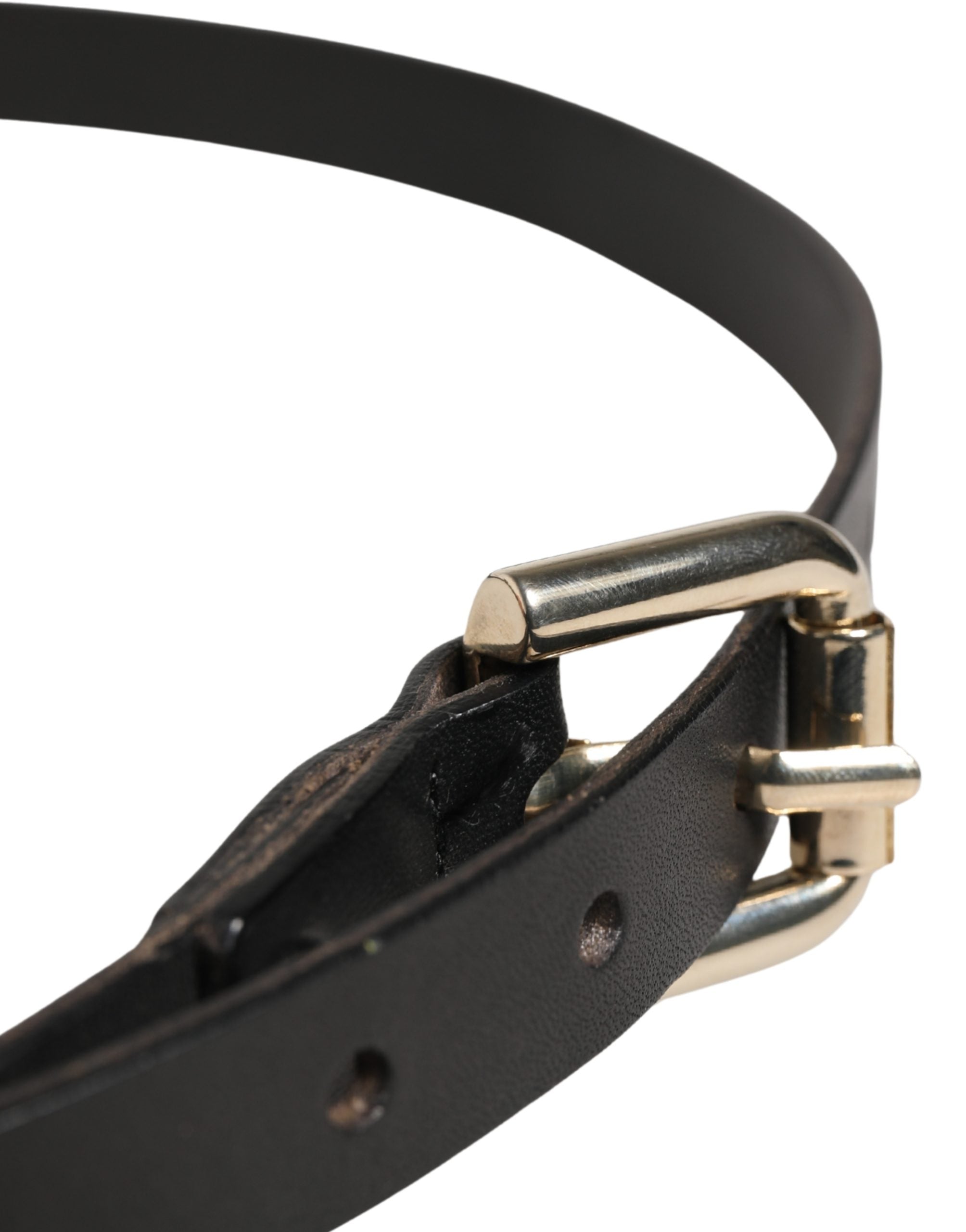Black Leather Slim Gold Tone Buckle Waist Men Belt