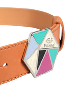 Orange Leather Hexagon Metal Buckle Waist Women Belt