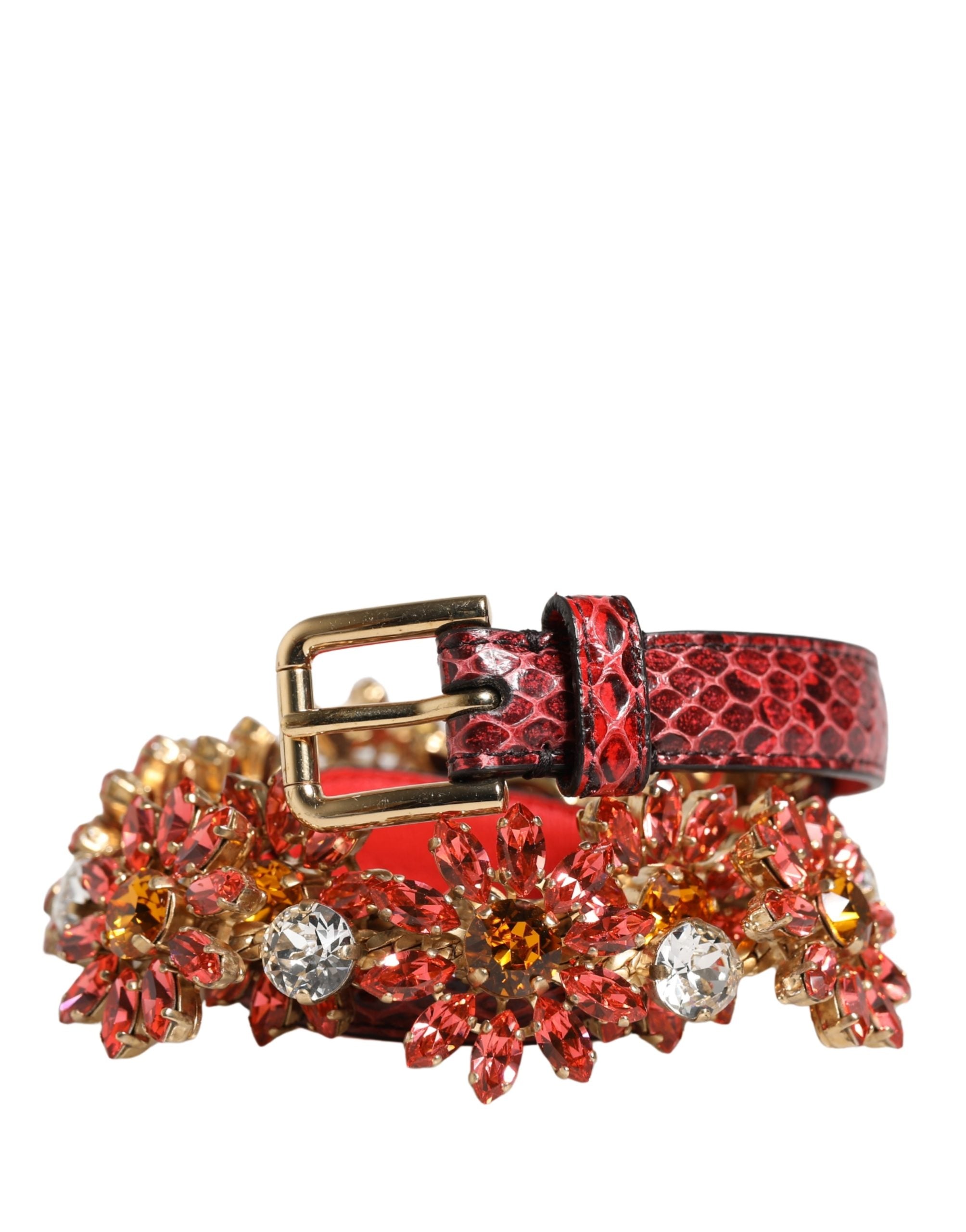 Red Leather Daisy Crystal Embellished Waist Belt