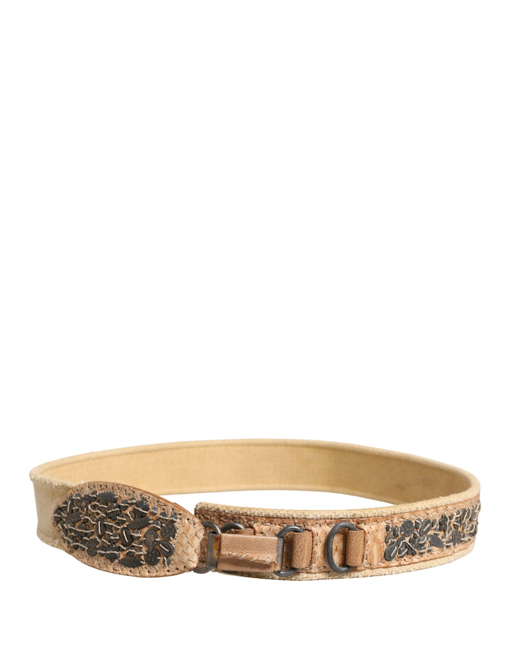 Beige Canvas Embellished Metal Buckle Belt