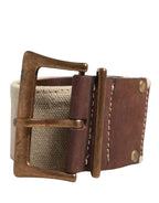 Beige Brown Leather Canvas Metal Buckle Belt