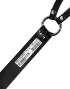 Black Exotic Leather Silver Metal Buckle Belt