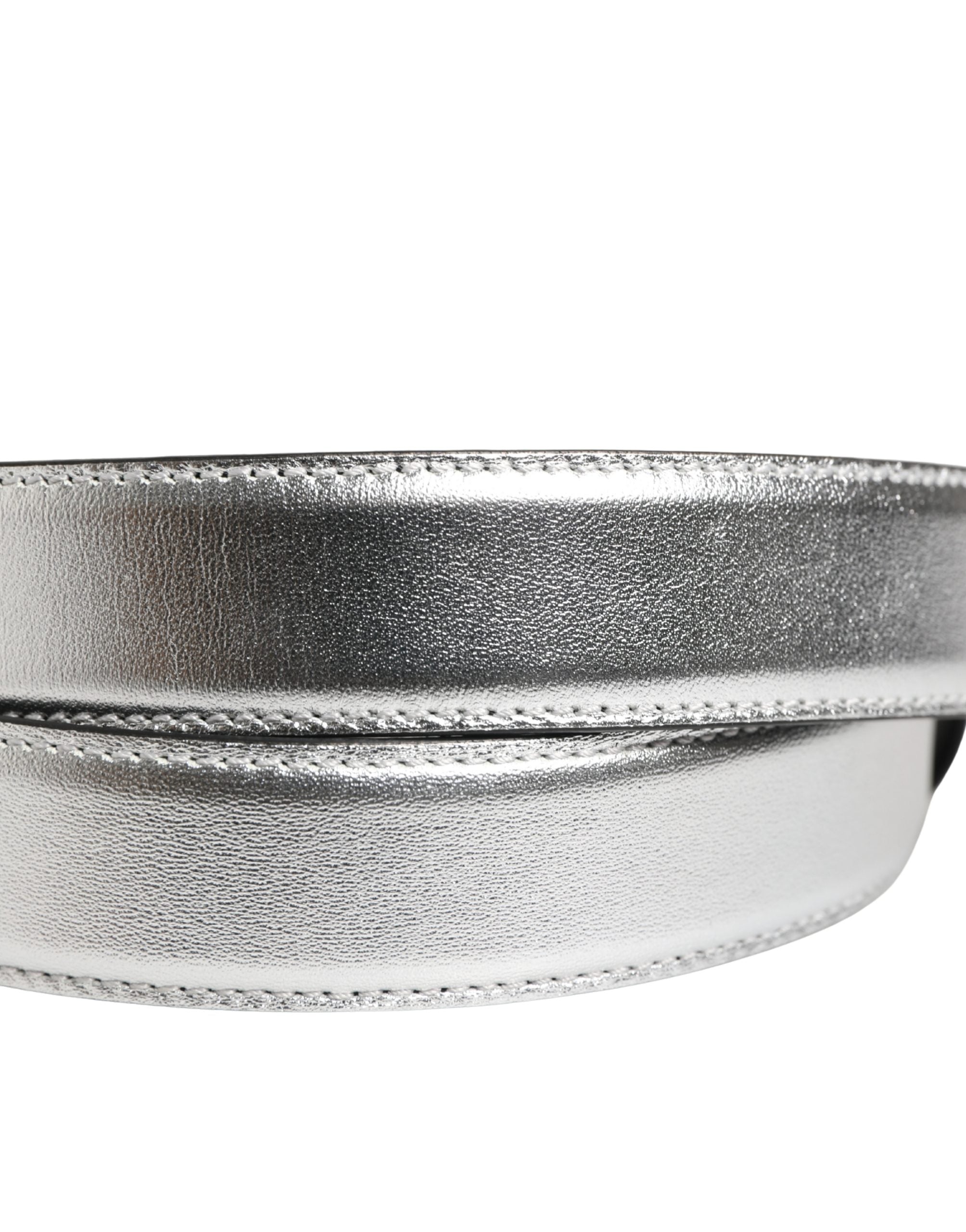 Silver Leather Logo Metal Buckle Waist Belt