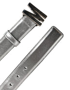 Silver Leather Logo Metal Buckle Waist Belt