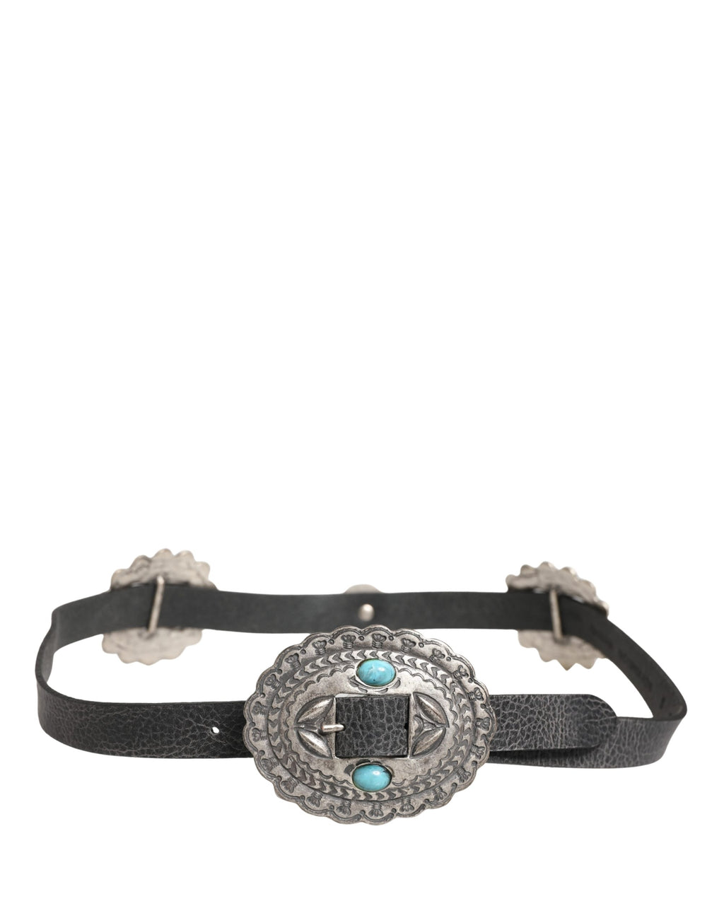 Black Turquoise Leather Embellished Oval Buckle Belt