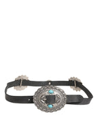 Black Turquoise Leather Embellished Oval Buckle Belt