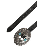 Black Turquoise Leather Embellished Oval Buckle Belt
