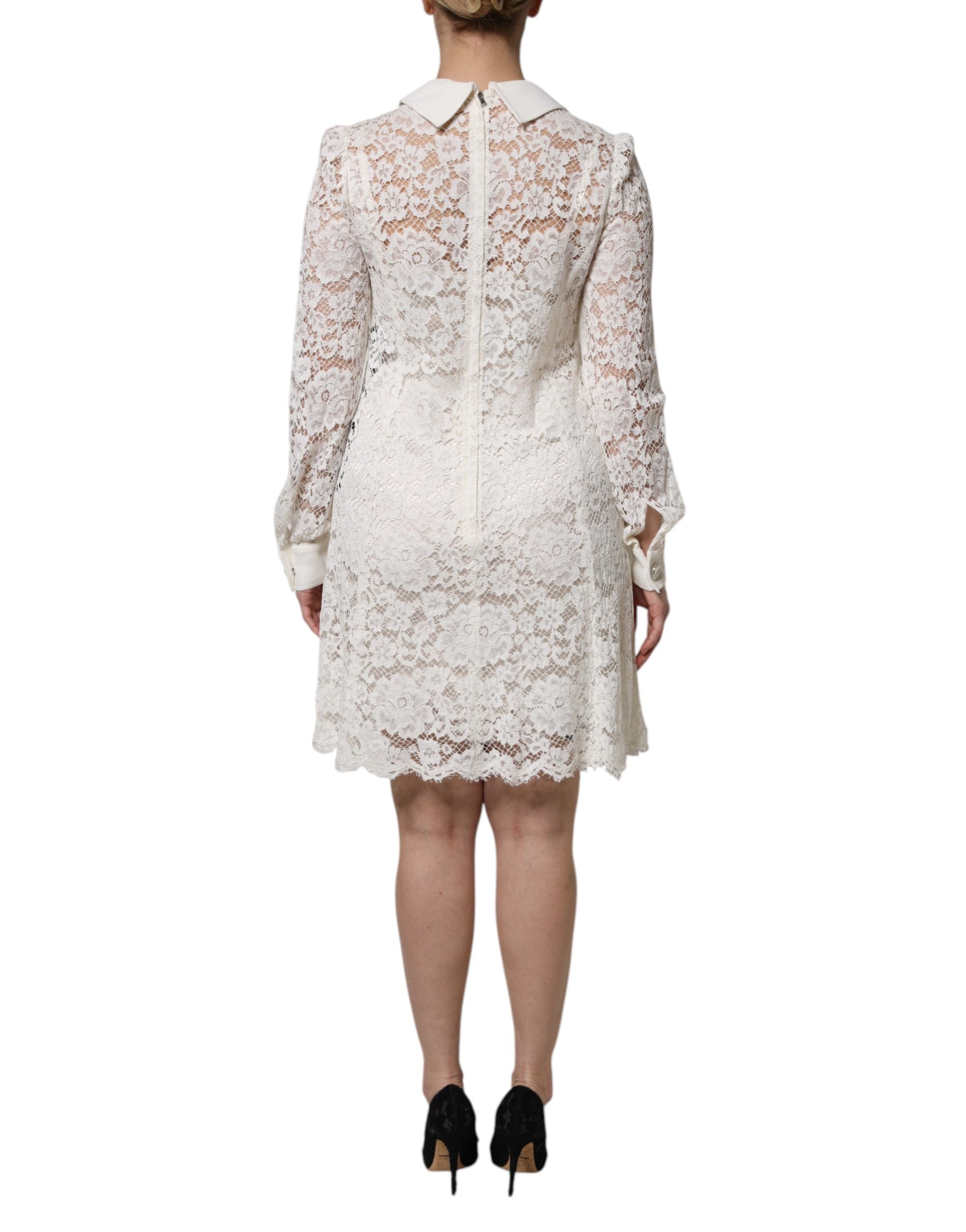 White Floral Lace Viscose Collared Mini Dress